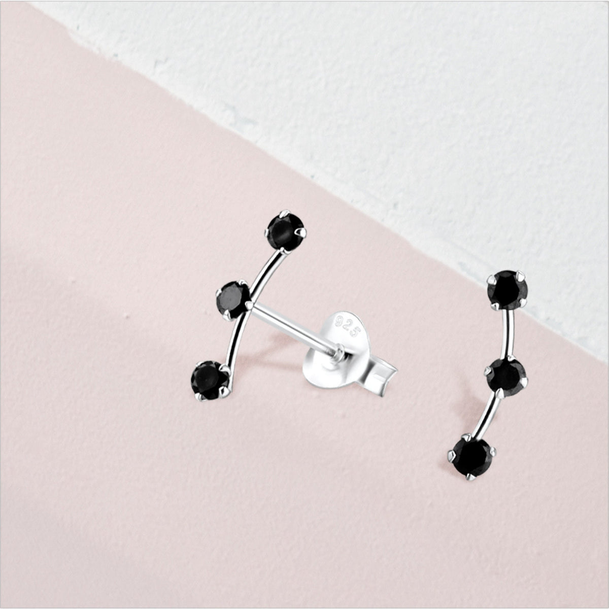 Black Cubic Three Stone Stud Earrings